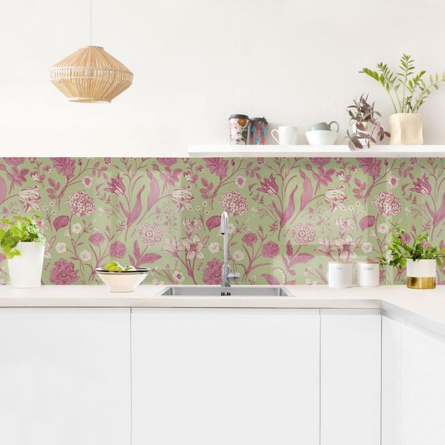 Spritzschutz Küche Glas Blumentanz in Mint-Grün und Rosa Pastell