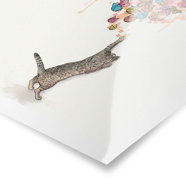 Wandbilder Kunstdrucke Illustration Katze mit bunten Schmetterlingen Malerei