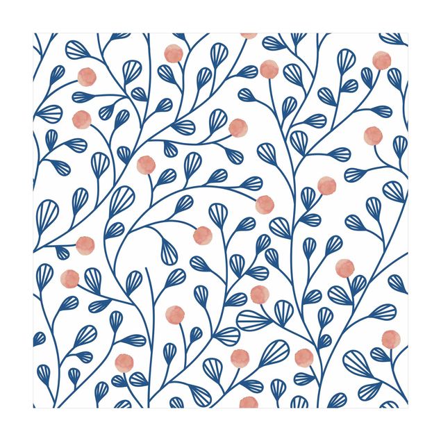 Teppich Blumen Blaues Pflanzen Muster mit Punkten in Rosa