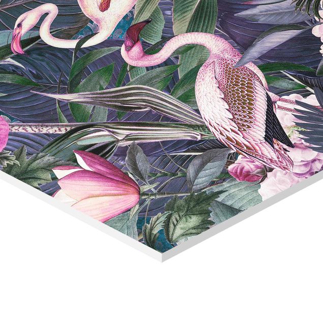 schöne Bilder Bunte Collage - Pinke Flamingos im Dschungel