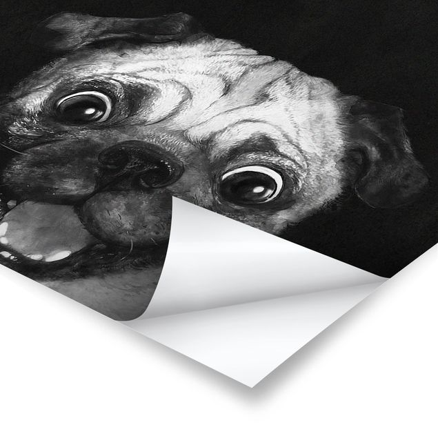 Wandbilder Schwarz-Weiß Illustration Hund Mops Malerei auf Schwarz Weiß
