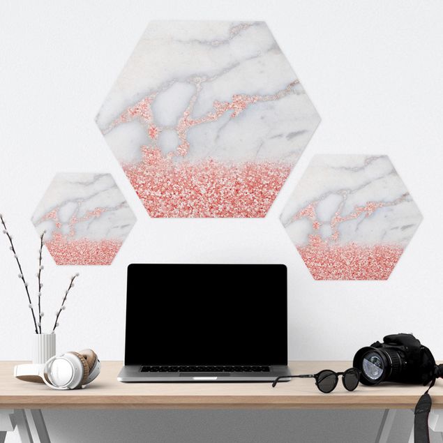 Bilder Hexagon Mamoroptik mit Rosa Konfetti