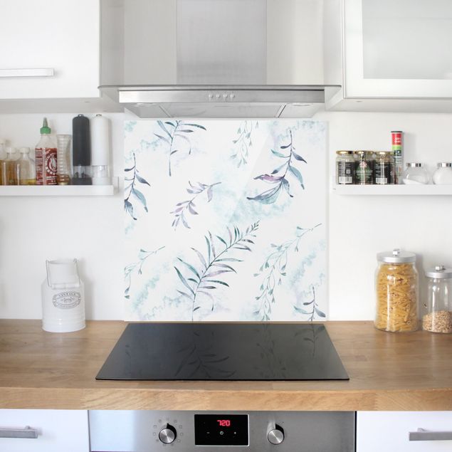 Glasrückwand Küche Blumen Aquarellzweige in Mintblau