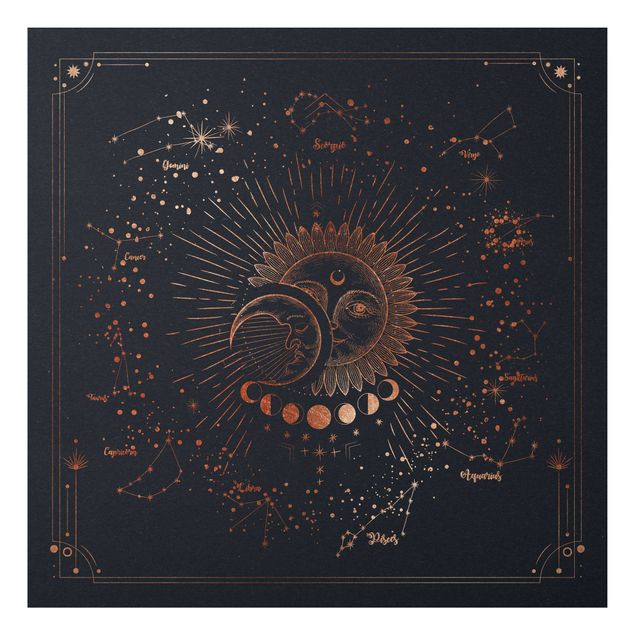 Wandbilder Weltkarten Astrologie Sonne Mond und Sterne Blau Gold