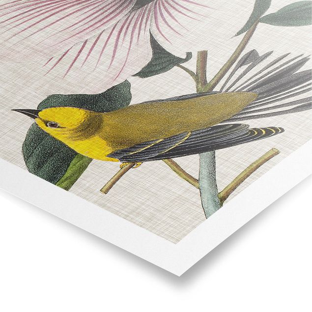 Wandbilder Blumen Vogel auf Leinen Gelb I