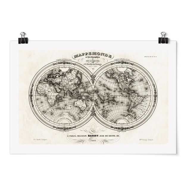 Poster Vintage Weltkarte - Französische Karte der Hemissphären von 1848