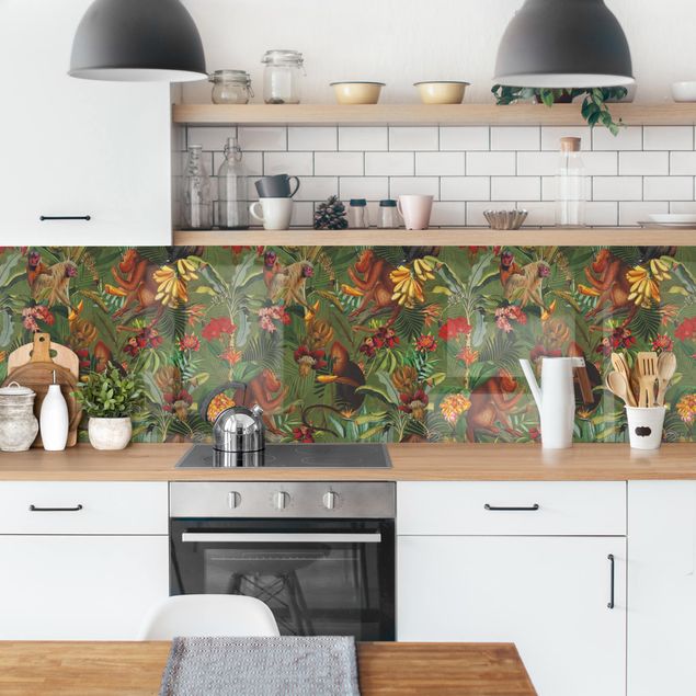 Spritzschutz Küche Glas Tropische Blumen mit Affen I