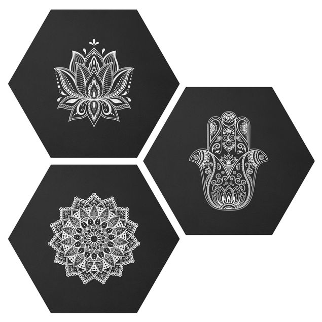 Wandbilder Spirituell Mandala Hamsa Hand Lotus Set auf Schwarz