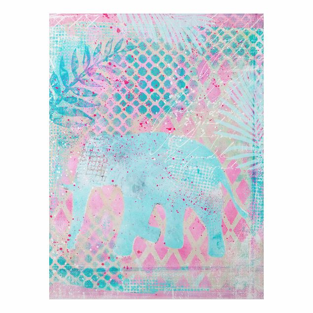 Wandbilder Elefanten Bunte Collage - Elefant in Blau und Rosa