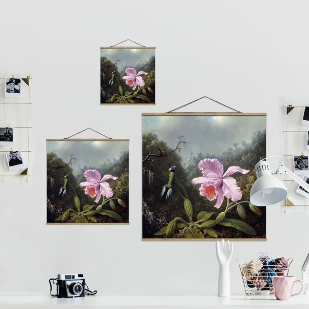 Wandbilder Kunstdrucke Martin Johnson Heade - Stillleben mit Orchidee und zwei Kolibris