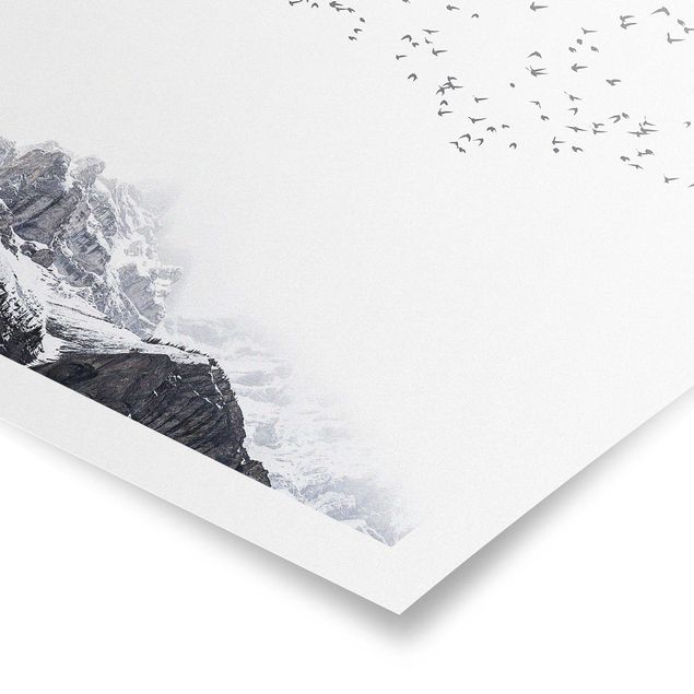 Kunstdrucke Poster Vogelschwarm vor Bergen Schwarz Weiß