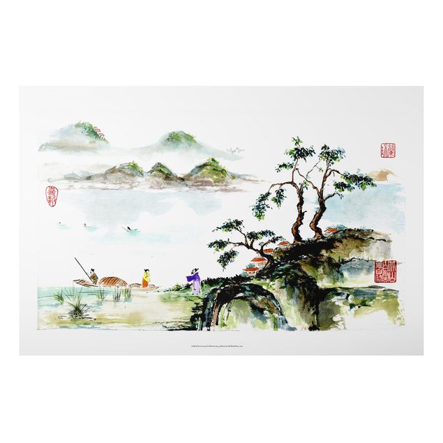 Wandbilder Berge Japanische Aquarell Zeichnung See und Berge