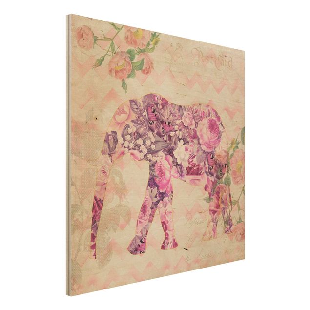 Küchen Deko Vintage Collage - Rosa Blüten Elefant