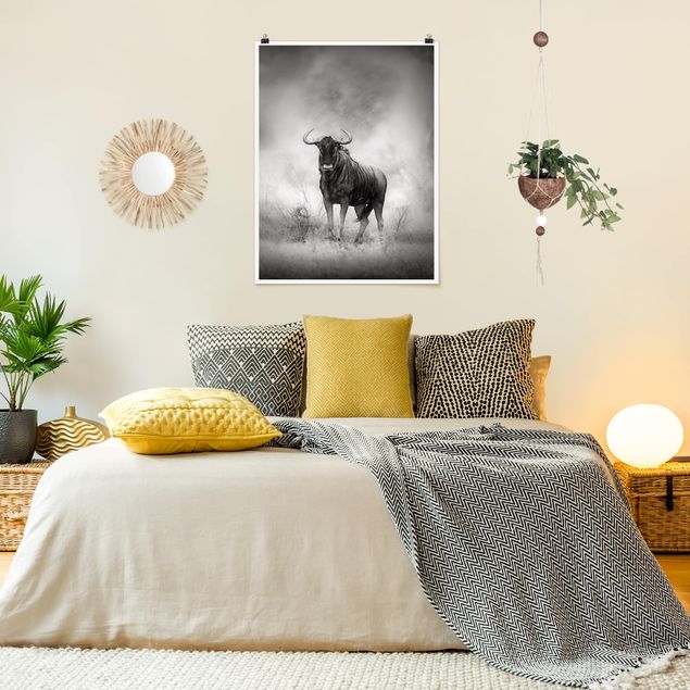 Poster schwarz-weiß Fotografie Staring Wildebeest