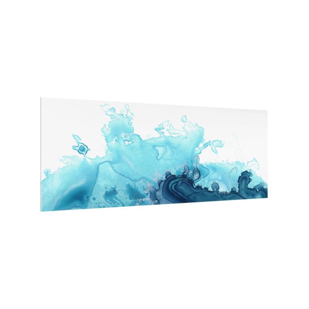 Spritzschutz Glas - Welle Aquarell Blau I - Panorama - 5:2