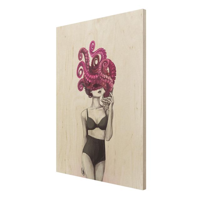 Laura Graves Art Kunstdrucke Illustration Frau in Unterwäsche Schwarz Weiß Oktopus