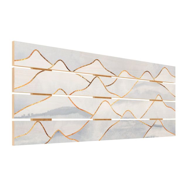 Wandbild Holz Aquarell Berge Weiß Gold