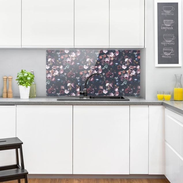 Glasrückwand Küche Blumen Altmeisterliche Blüten mit Tulpen und Rosen auf Dunkelgrau