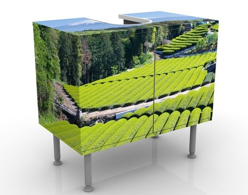 Waschbeckenunterschrank mit Motiv Teefelder vor dem Fuji