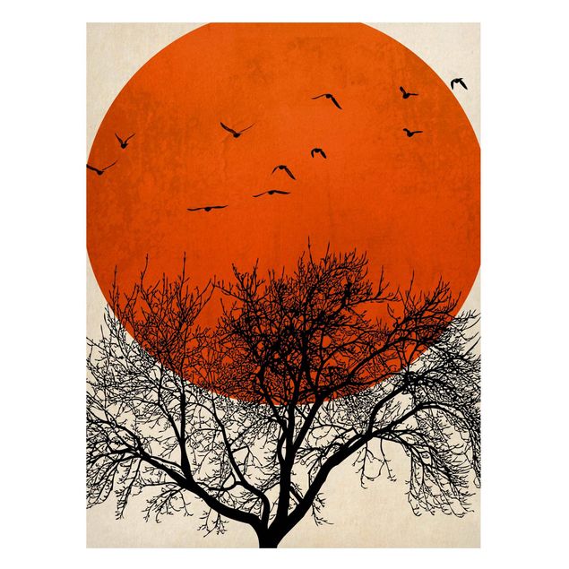 Wandbilder Landschaften Vogelschwarm vor roter Sonne II