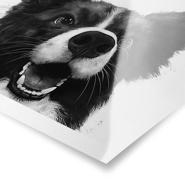 Wandbilder Schwarz-Weiß Illustration Hund Border Collie Schwarz Weiß Malerei