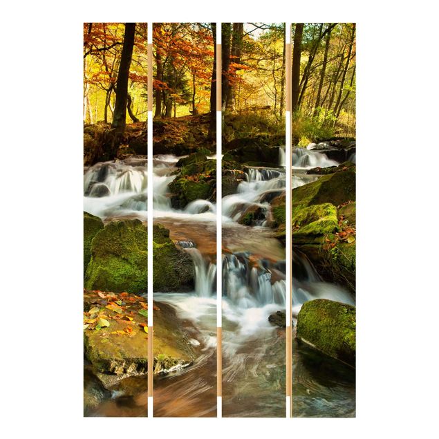 Wandbild Holz Wasserfall herbstlicher Wald