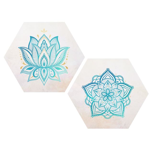 Wandbilder Spirituell Mandala Lotus Set Gold Blau