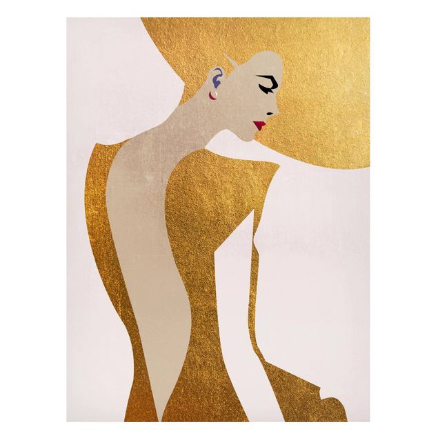 Wandbilder Kunstdrucke Dame mit Hut in Gold