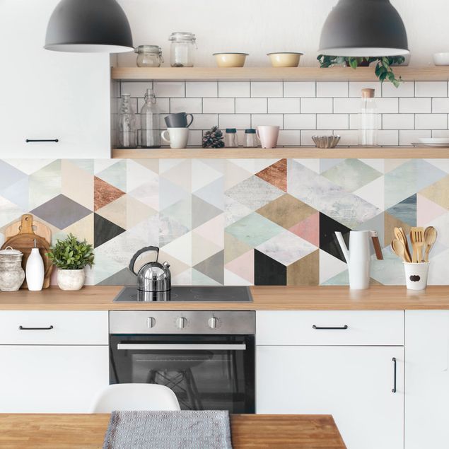 Glasrückwand Küche Aquarell-Mosaik mit Dreiecken I