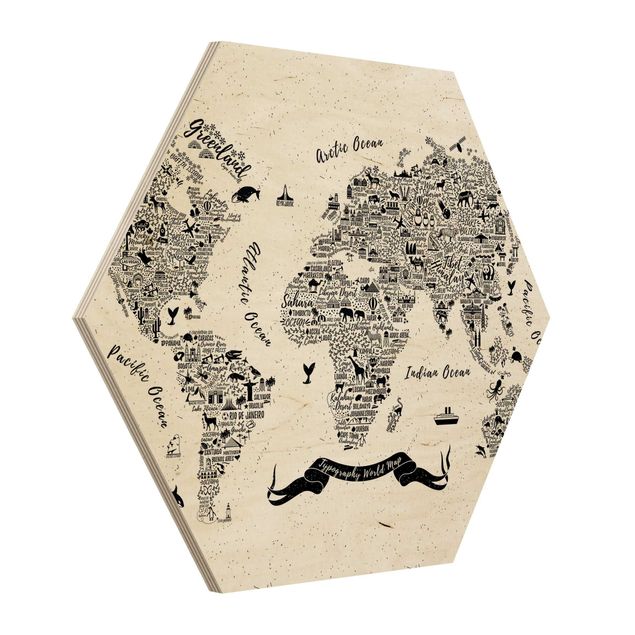 Bilder auf Holz Typografie Weltkarte weiß