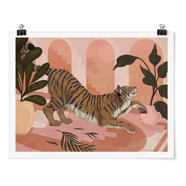 Poster Tiere Illustration Tiger in Pastell Rosa Malerei