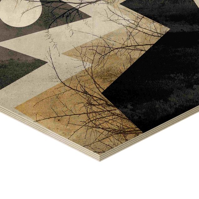 Hexagon Bild Holz 2-teilig - Elisabeth Fredriksson - Goldener Mond und geometrische Berge