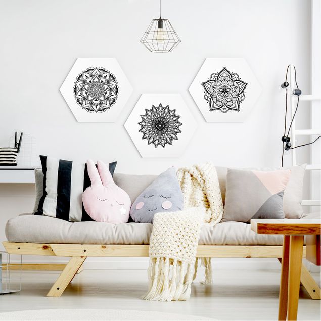 Wandbilder Muster Mandala Blüte Sonne Illustration Set Schwarz Weiß