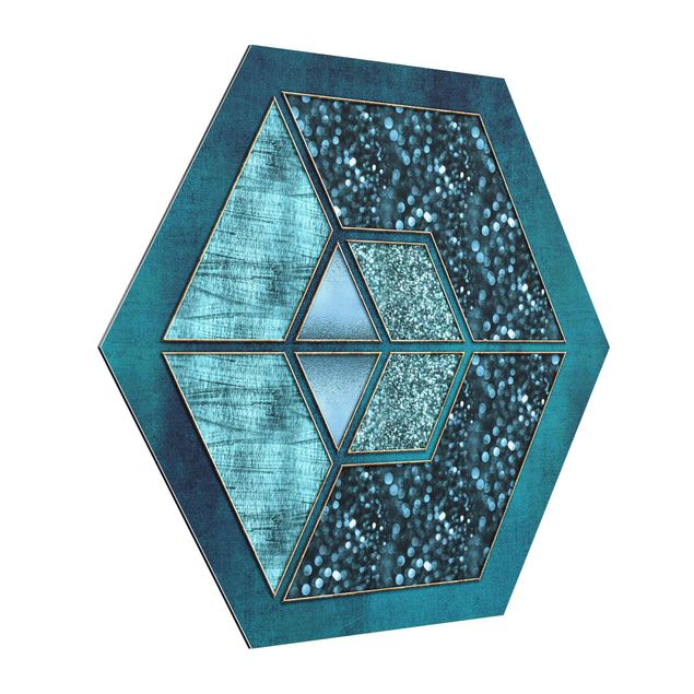 Wandbilder Modern Blaues Hexagon mit Goldkontur