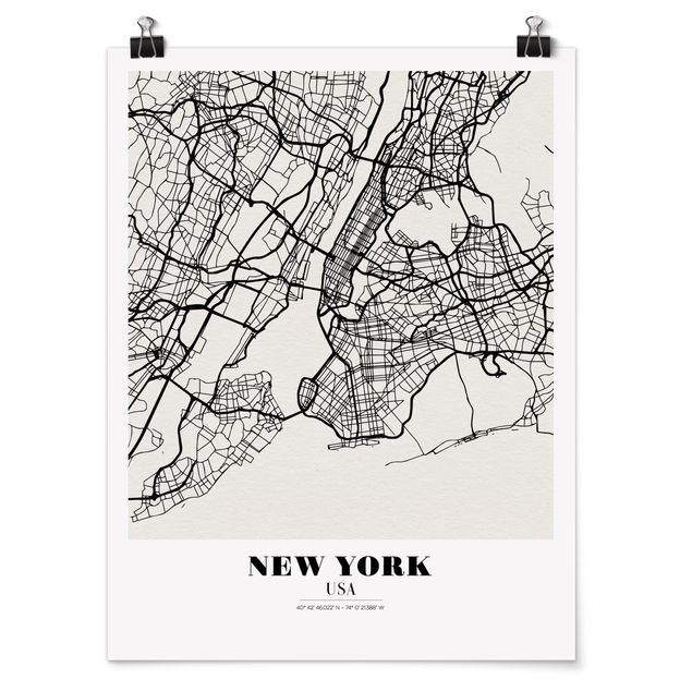 schwarz-weiß Poster Stadtplan New York - Klassik