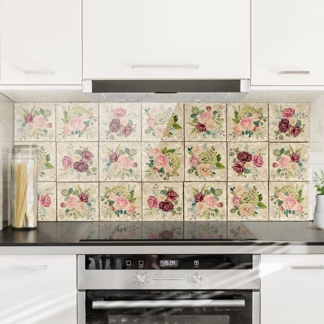 Wanddeko Küche Vintage Rosen und Hortensien