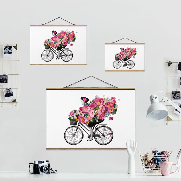 Laura Graves Art Kunstdrucke Illustration Frau auf Fahrrad Collage bunte Blumen