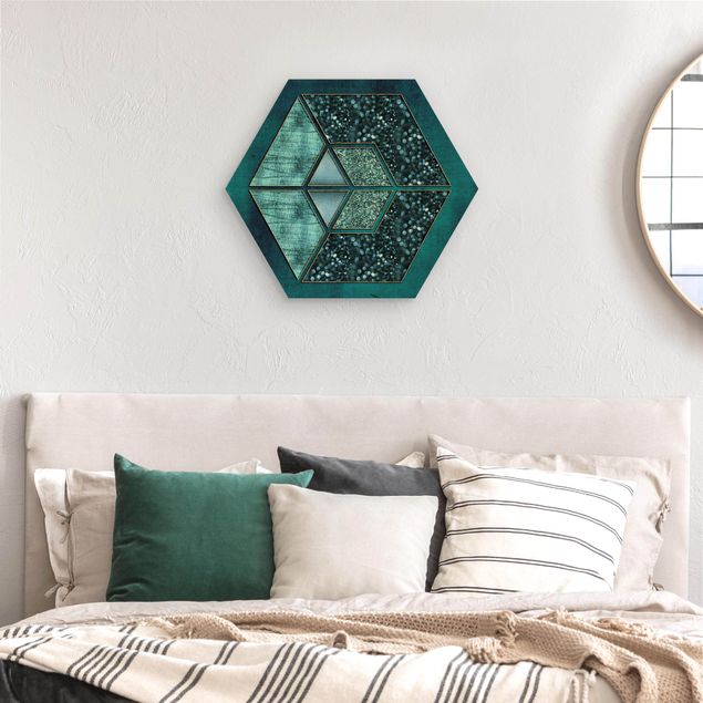Wandbilder Kunstdrucke Blaues Hexagon mit Goldkontur