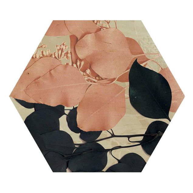 Hexagon Bild Holz - Blätter Indigo & Rouge I
