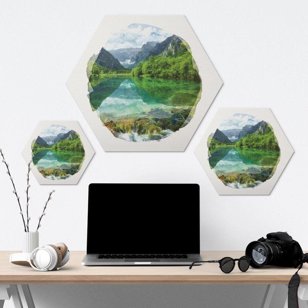 Hexagon Bilder Wasserfarben - Bergsee mit Spiegelung