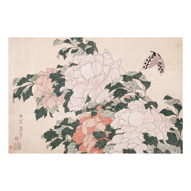 Glasrückwand Küche Katsushika Hokusai - Rosa Pfingstrosen mit Schmetterling