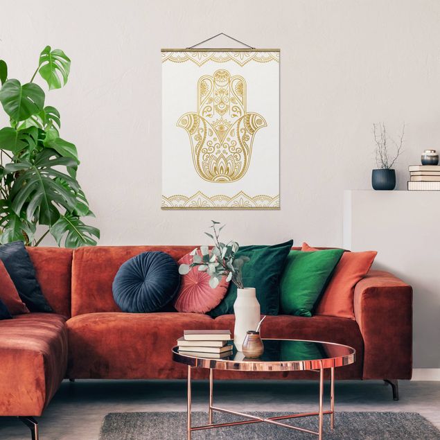 Wandbilder Muster Hamsa Hand Lotus OM Illustration Set gold