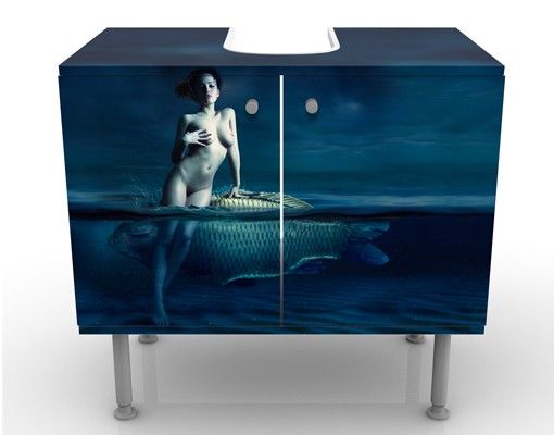 Waschbeckenunterschrank - Frauenakt mit Fisch - Badschrank Blau