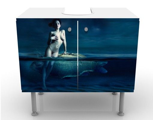 Waschbeckenunterschrank - Frauenakt mit Fisch - Badschrank Blau