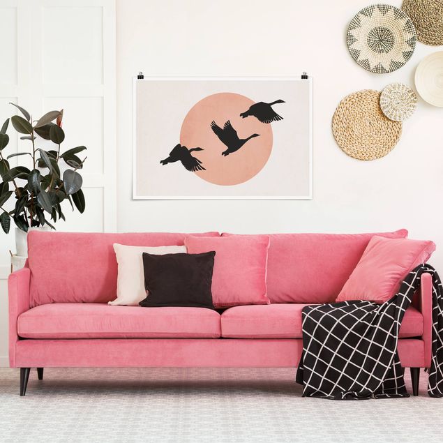 Wandbilder Landschaften Vögel vor rosa Sonne III