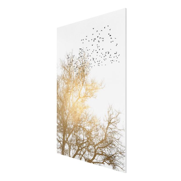 Wandbilder Landschaften Vogelschwarm vor goldenem Baum