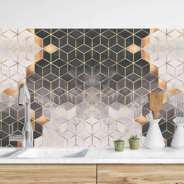 Wanddeko Küche Schwarz Weiß goldene Geometrie II