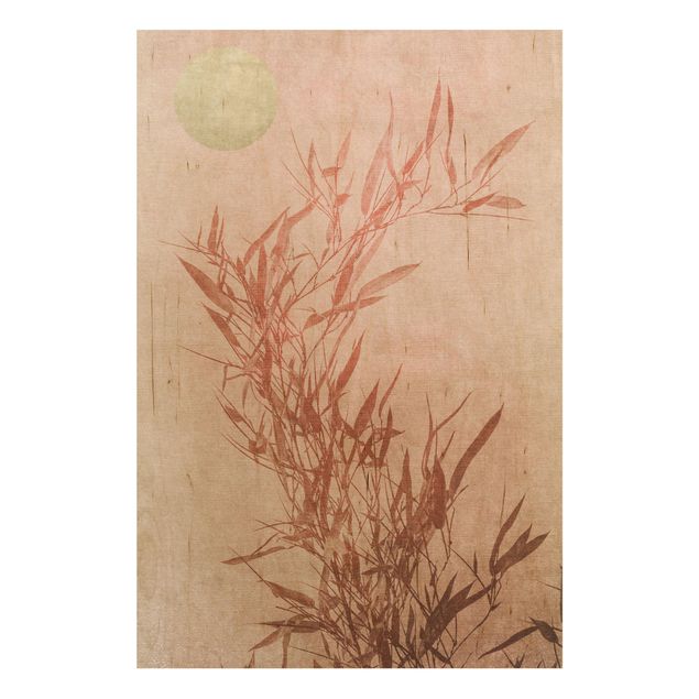 Holzbilder Landschaften Goldene Sonne mit Rosa Bambus