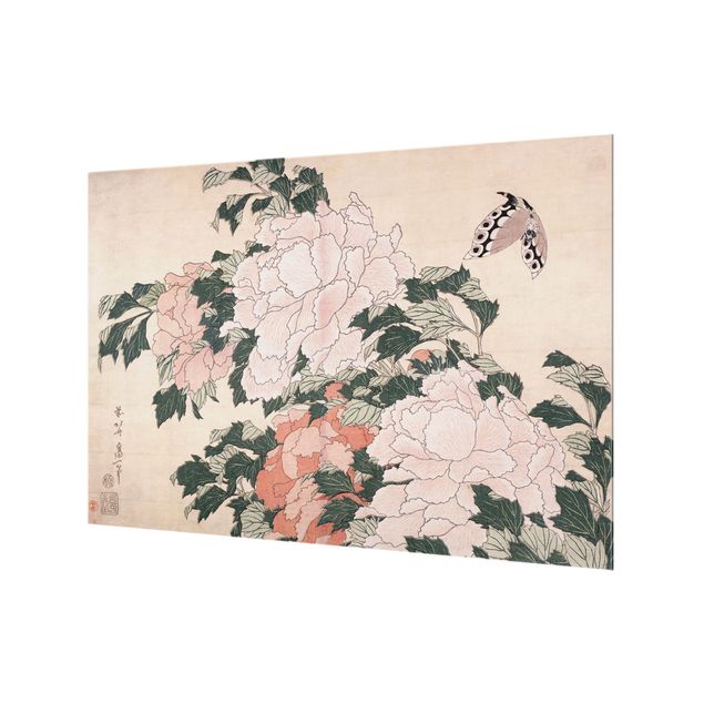 Katsushika Hokusai Bilder Katsushika Hokusai - Rosa Pfingstrosen mit Schmetterling