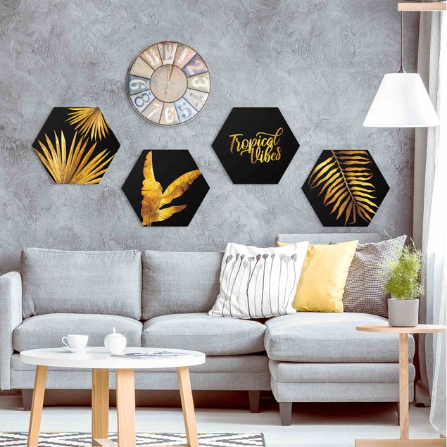 Wandbilder Floral Gold - Tropical Vibes auf Schwarz Set II